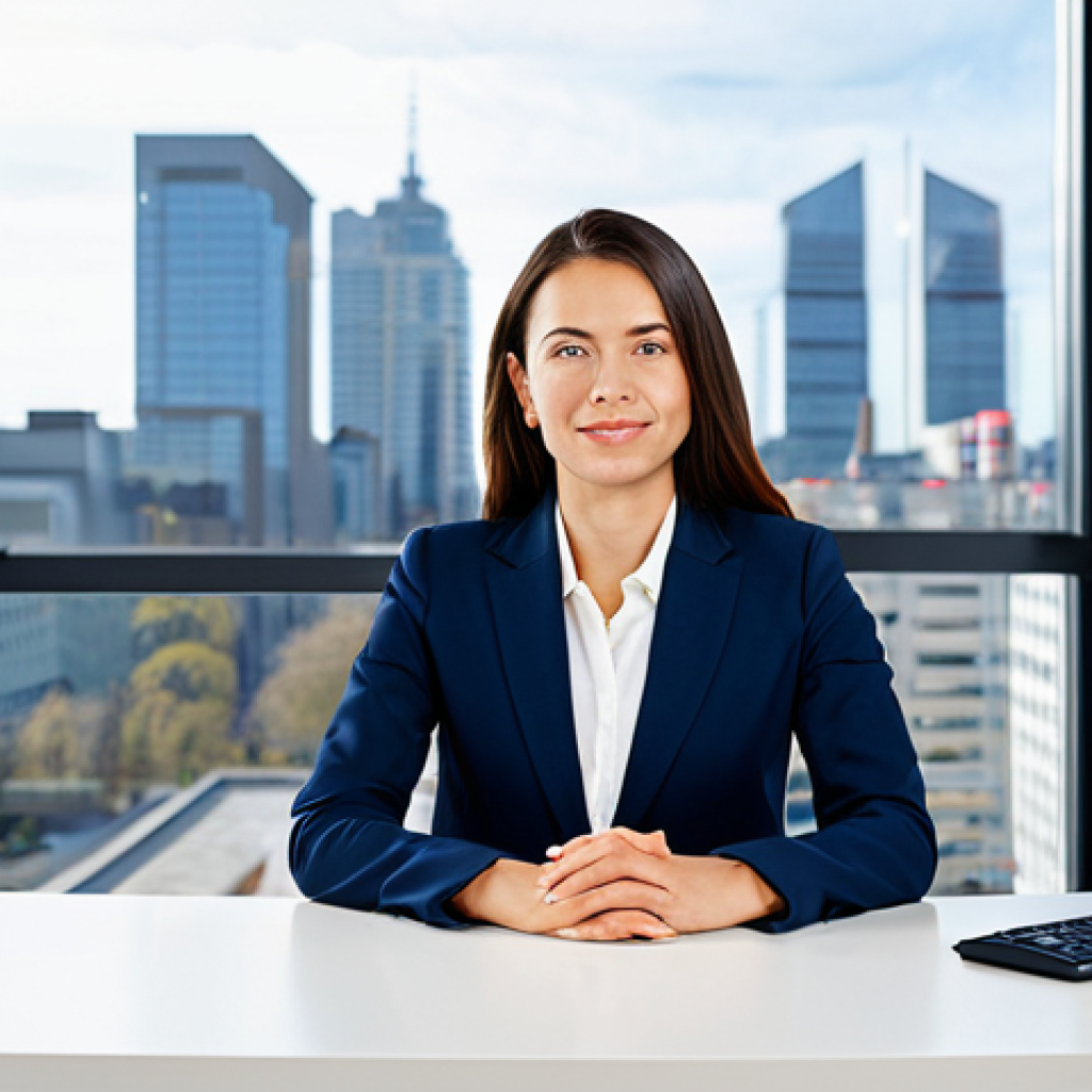 Office Professional**
"A professional businesswoman in a tailored navy-blue business suit, sitting confidently at a clean, modern desk in a bright, open-plan office. Large windows reveal a cityscape in the background. Fully clothed, appropriate attire, safe for work, perfect anatomy, natural proportions, professional photography, high quality, corporate environment, modest."
**