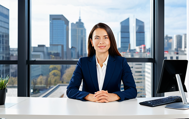 Office Professional**
"A professional businesswoman in a tailored navy-blue business suit, sitting confidently at a clean, modern desk in a bright, open-plan office. Large windows reveal a cityscape in the background. Fully clothed, appropriate attire, safe for work, perfect anatomy, natural proportions, professional photography, high quality, corporate environment, modest."
**