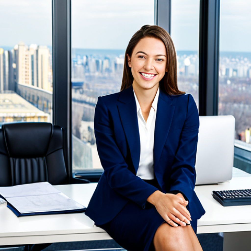 Office Professional**
"A professional businesswoman in a modest navy blue business suit, sitting at a clean desk in a bright, modern office with large windows overlooking a cityscape, fully clothed, appropriate attire, safe for work, perfect anatomy, natural proportions, professional corporate photography, high quality, crisp details, friendly expression."
**