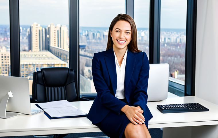 Office Professional**
"A professional businesswoman in a modest navy blue business suit, sitting at a clean desk in a bright, modern office with large windows overlooking a cityscape, fully clothed, appropriate attire, safe for work, perfect anatomy, natural proportions, professional corporate photography, high quality, crisp details, friendly expression."
**