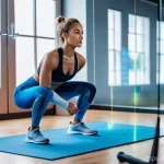 운동 지도의 최신 트렌드 - **AI Personalized Training in a Home Gym:** A dynamic shot of a fit young woman in comfortable, mode...