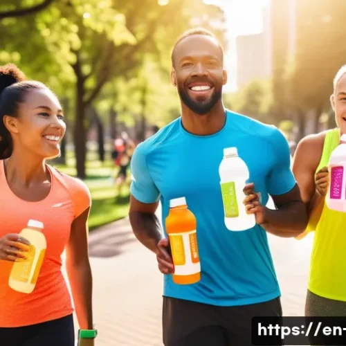 스포츠 음료의 효과 - A dynamic scene of a diverse group of adult athletes—runners, cyclists, and fitness enthusiasts—hydr...