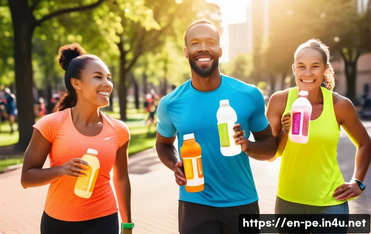 스포츠 음료의 효과 - A dynamic scene of a diverse group of adult athletes—runners, cyclists, and fitness enthusiasts—hydr...