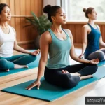 요가와 필라테스 차이점 - A serene yoga studio scene featuring a diverse group of adults practicing flowing yoga sequences on ...