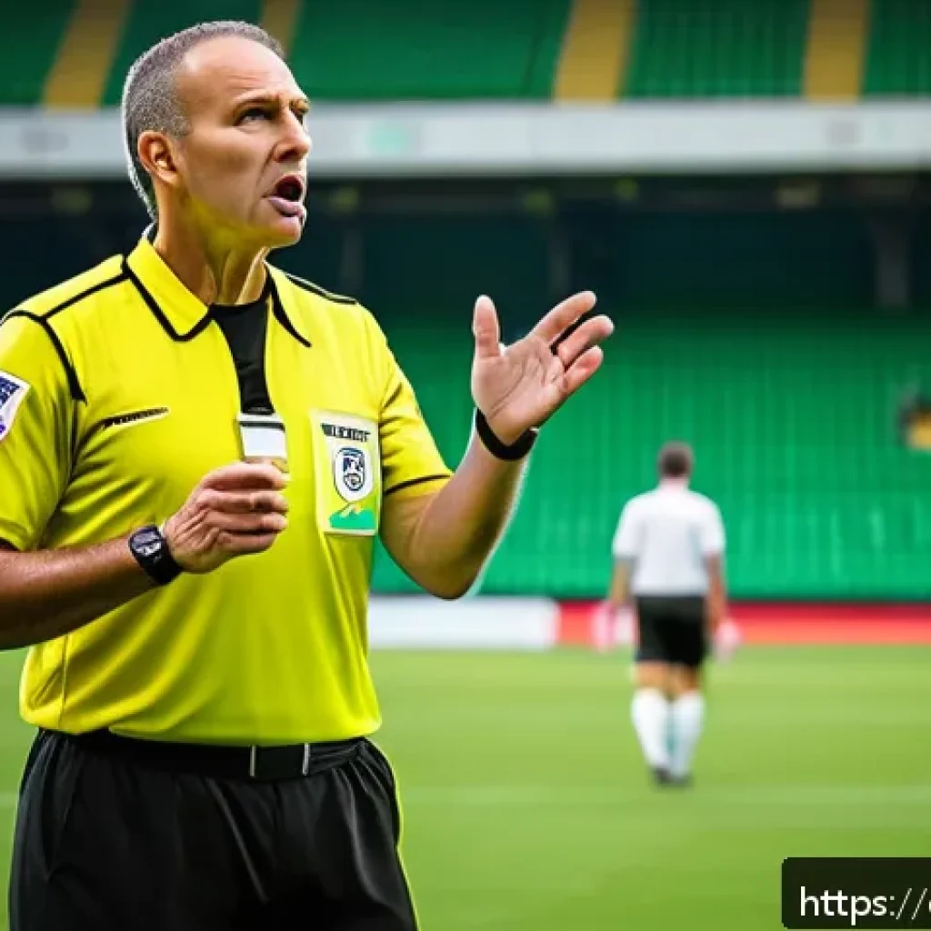스포츠 심판의 역할과 규정 - A professional soccer referee in a dynamic mid-game pose on a lush green pitch, closely observing pl...