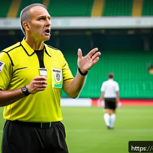 스포츠 심판의 역할과 규정 - A professional soccer referee in a dynamic mid-game pose on a lush green pitch, closely observing pl...