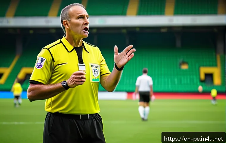스포츠 심판의 역할과 규정 - A professional soccer referee in a dynamic mid-game pose on a lush green pitch, closely observing pl...