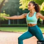 운동 시 근육 경련 예방법 - A fit young woman performing dynamic warm-up exercises outdoors in a bright morning park setting, we...