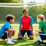 유소년 스포츠 지도법 - A diverse group of young athletes aged 10-14 engaged in a team huddle outdoors on a sunny day, each ...