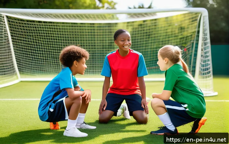 유소년 스포츠 지도법 - A diverse group of young athletes aged 10-14 engaged in a team huddle outdoors on a sunny day, each ...