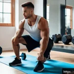 웨이트 트레이닝 프로그램 디자인 - A focused young adult male performing a deep squat in a bright, modern home gym corner, wearing comf...