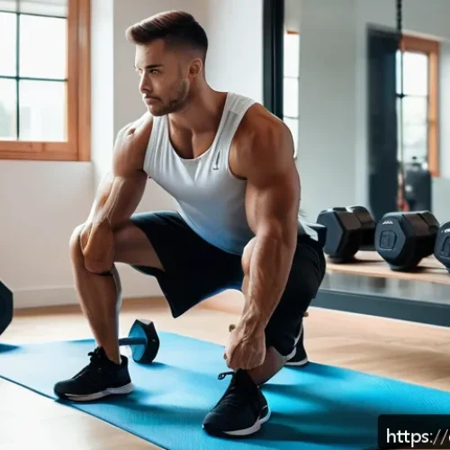 웨이트 트레이닝 프로그램 디자인 - A focused young adult male performing a deep squat in a bright, modern home gym corner, wearing comf...