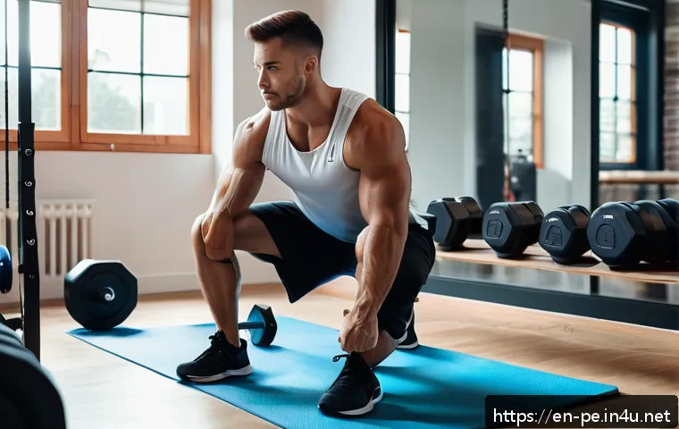 웨이트 트레이닝 프로그램 디자인 - A focused young adult male performing a deep squat in a bright, modern home gym corner, wearing comf...