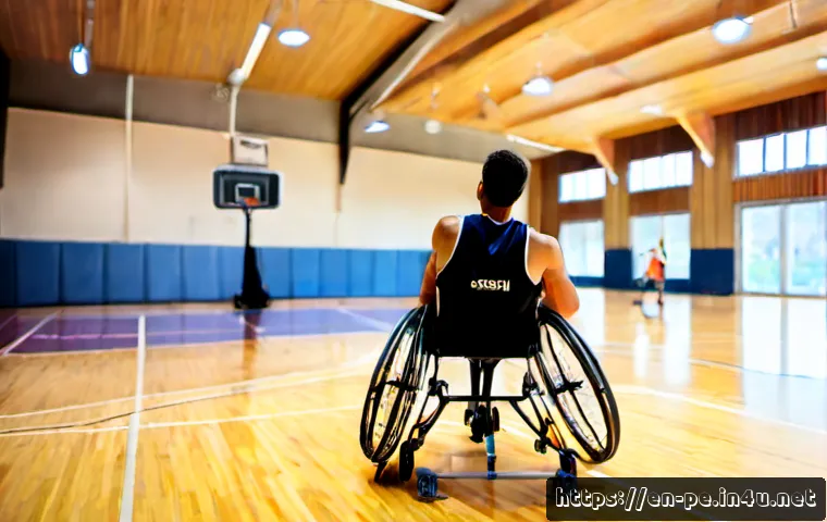 장애인 스포츠와 재활 운동 - Photorealistic adaptive wheelchair basketball practice in a bright community sports gym, focused adu...