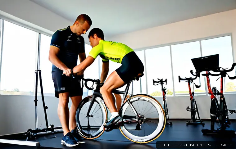 자전거 피팅 이론과 적용 - Photorealistic bicycle fitting studio, experienced bike fitter adjusting saddle height on a road bic...