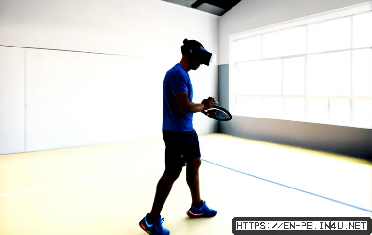 AR VR 기반 스포츠 트레이닝 - Photorealistic modern sports training studio, athletic adult tennis player wearing a sleek standalon...