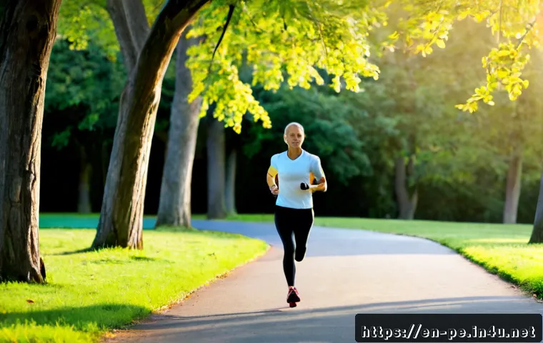 심폐지구력 훈련법 - Photorealistic early-morning park fitness scene, a healthy middle-aged adult jogging steadily along ...